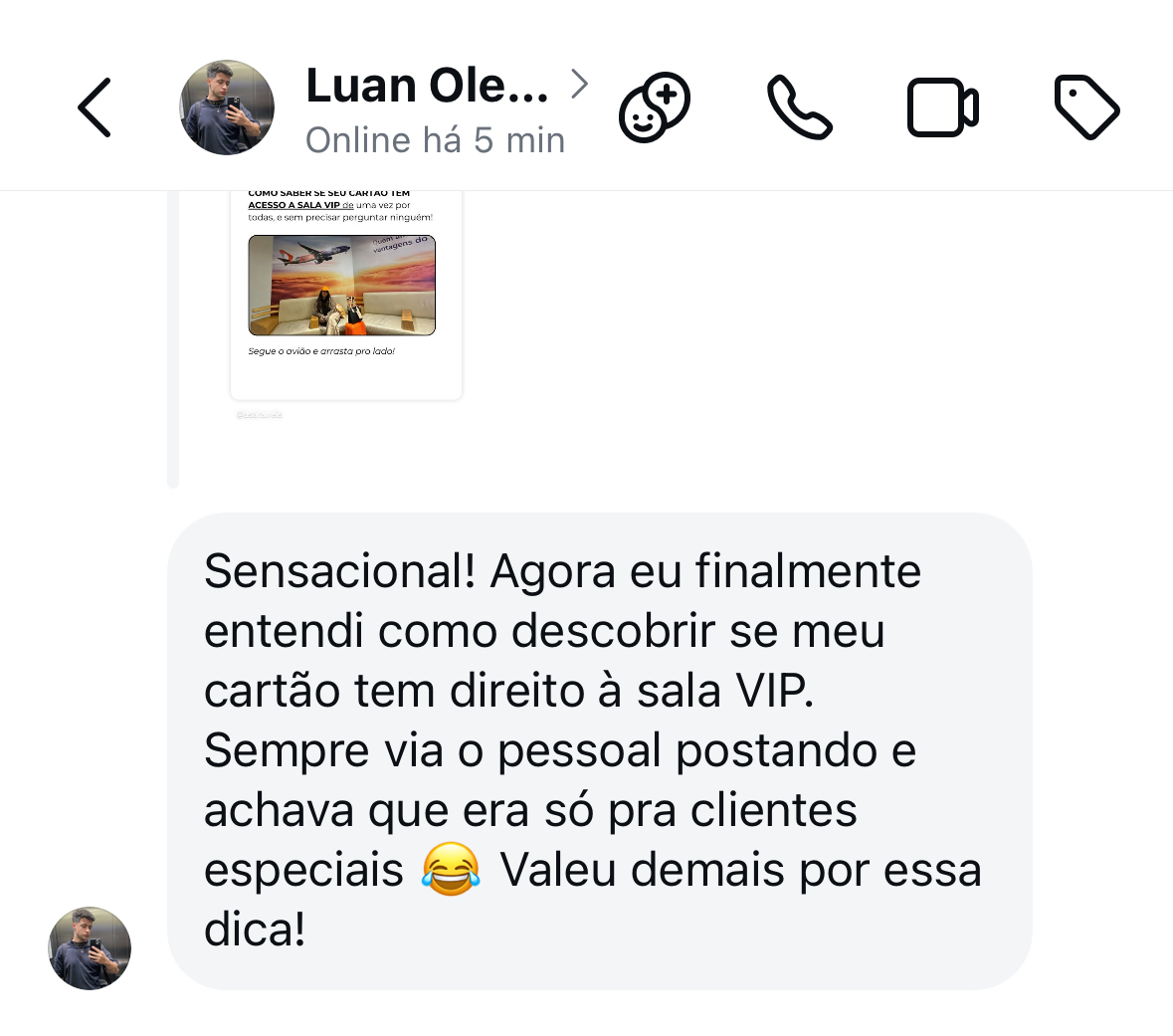 Mensagem de aluno contando que aprendeu a descobrir se o cartão oferece sala VIP